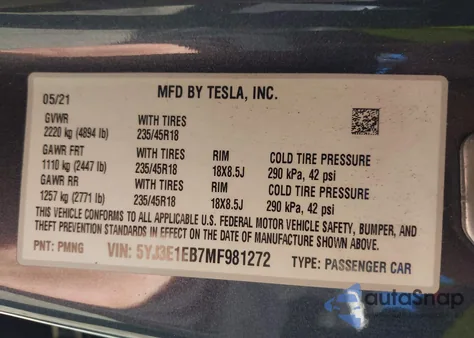2021 Tesla Model 3 Long Range Dual Motor All-Wheel Drive from USA, damaged, VIN 5YJ3E1EB7MF981272